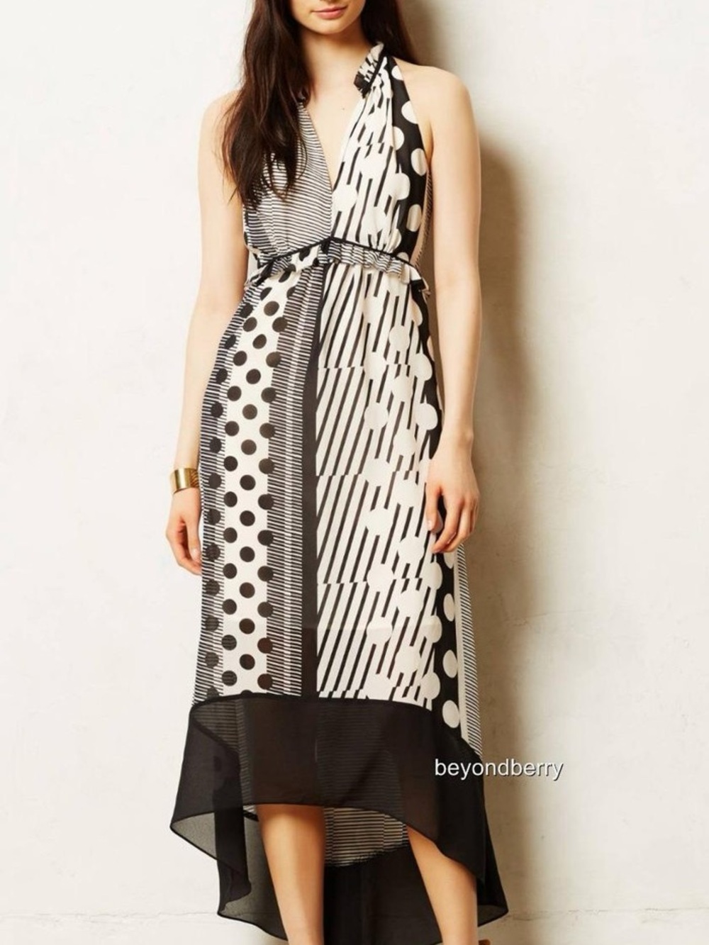 Maeve by Anthropologie Black & White Mixed-Print Halter High-Low Dress